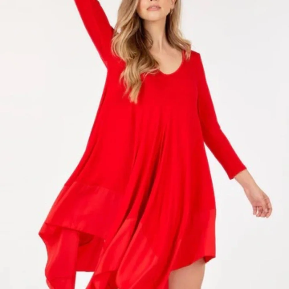 Long Sleeve V Neck Tunic Shark Bite Edging Dress Red - Picture 3 of 4